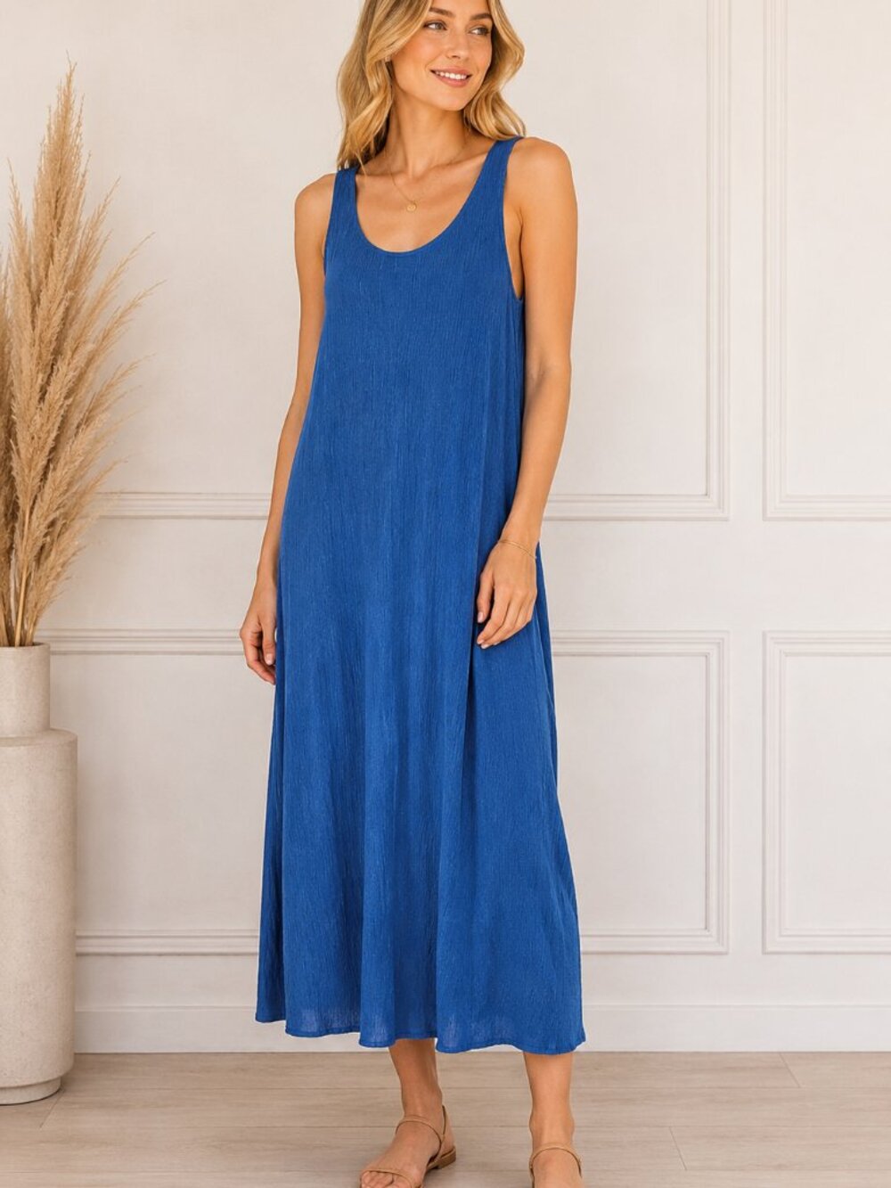 Everlane Naia Ripple Crinkle Crepe Midi Tank Dress Blue Sleeveless  Size S